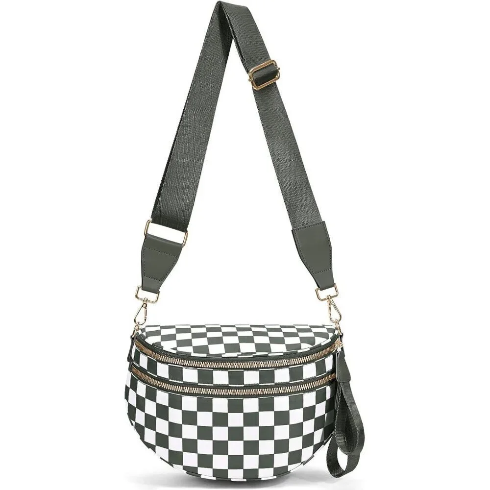 Checkered Nylon Crossbody Bag for Women Adjustable Strap Waterproof